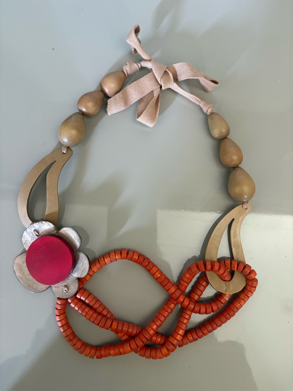 Vintage French Statement Necklace – Wood Beads, Orange & Resin Flower